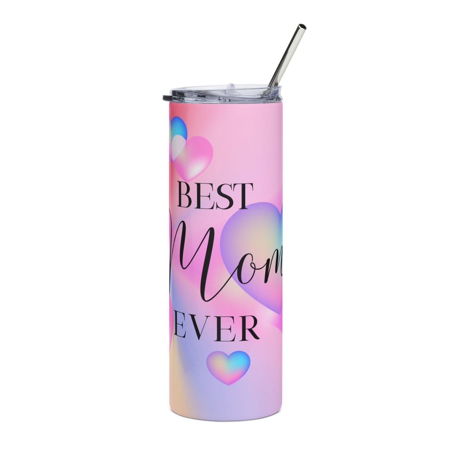 Personalized stainless steel tumbler with "Best Mom Ever" design, pink with hearts, includes lid and straw, 20oz.
