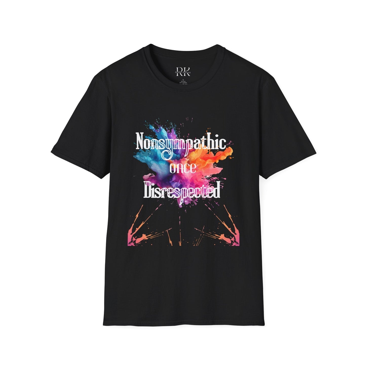 Nonsympathetic Once Disrespected T-shirt with vibrant graphics on black fabric.
