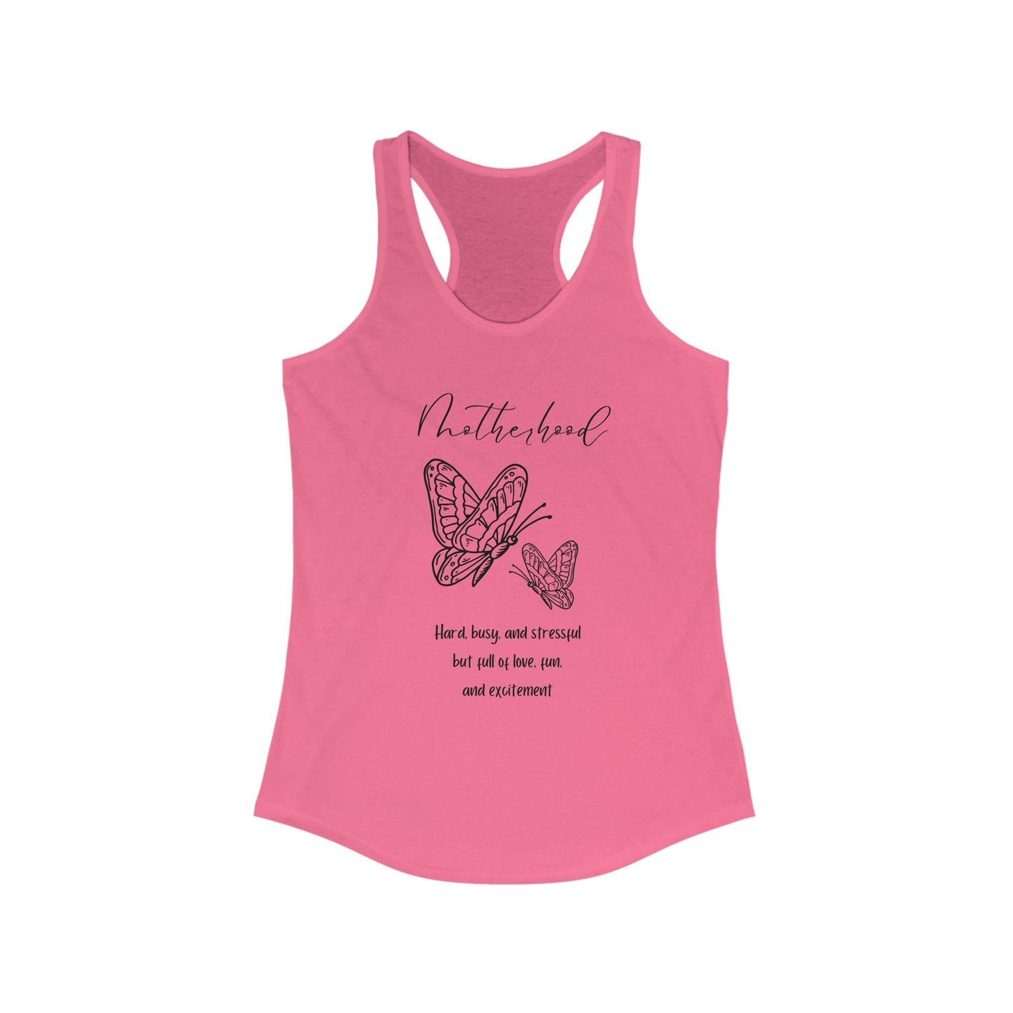 Pink racerback tank with "Motherhood" text and butterfly design, lightweight fabric, ideal for active mothers.