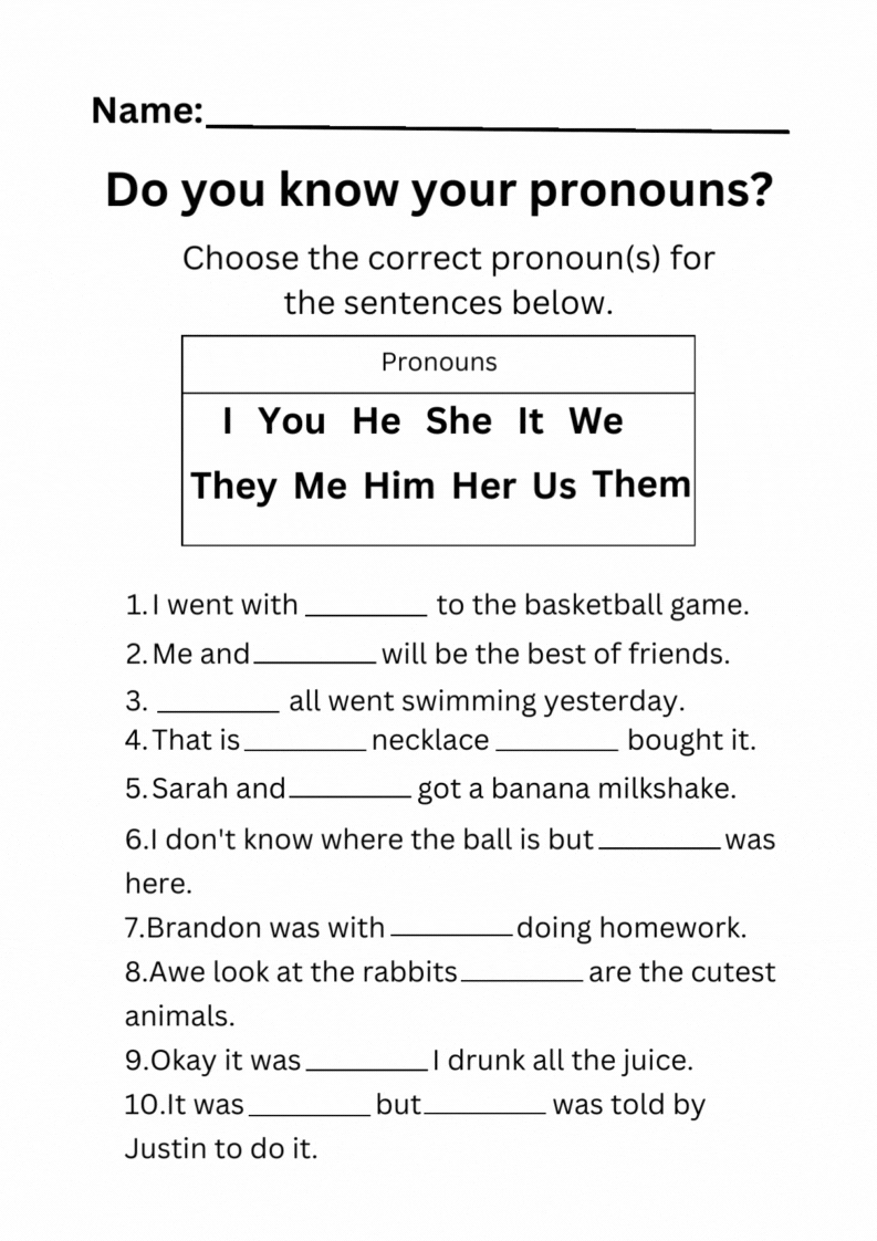 Pronouns Worksheet
