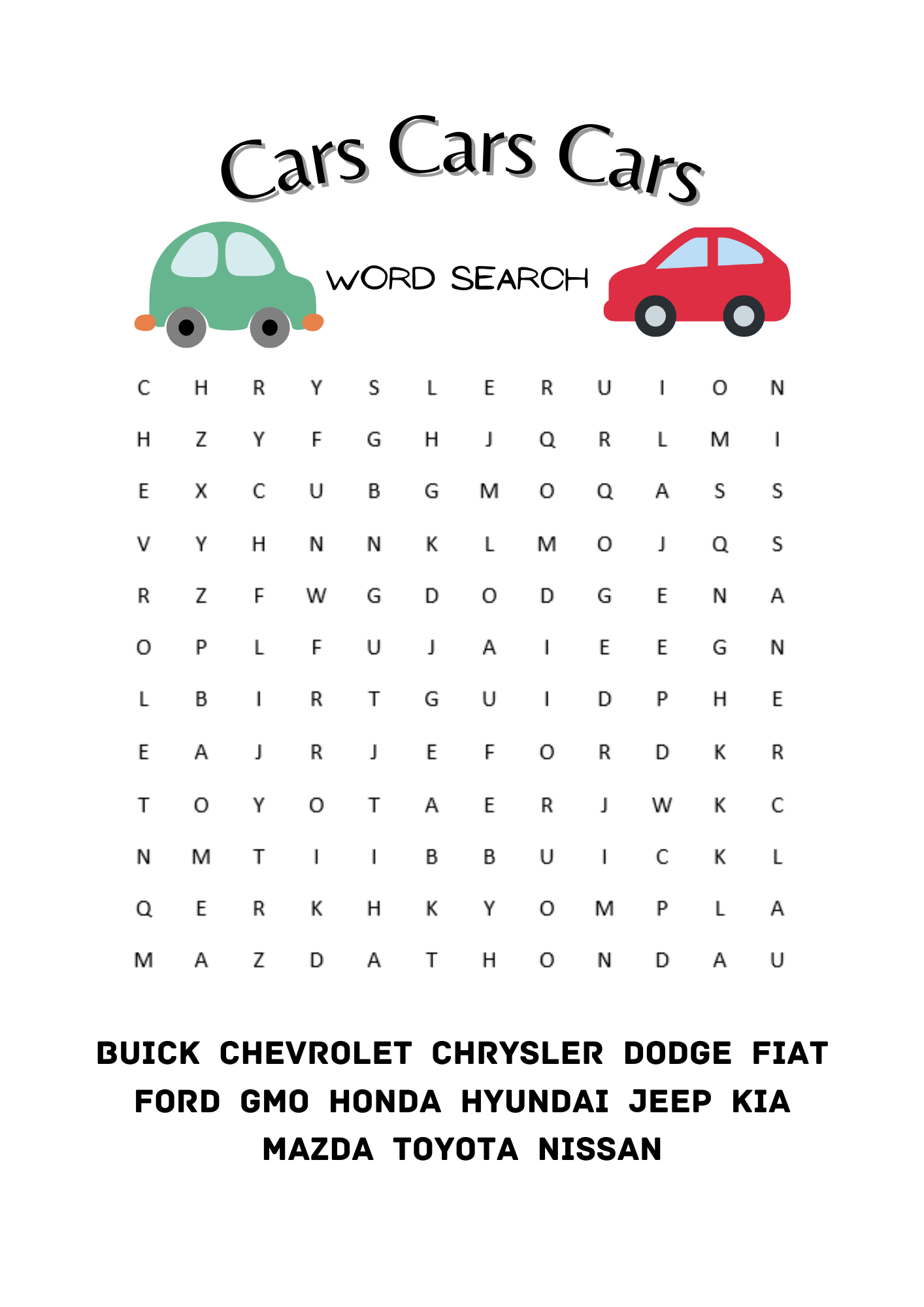 Cars Cars Cars Word Search