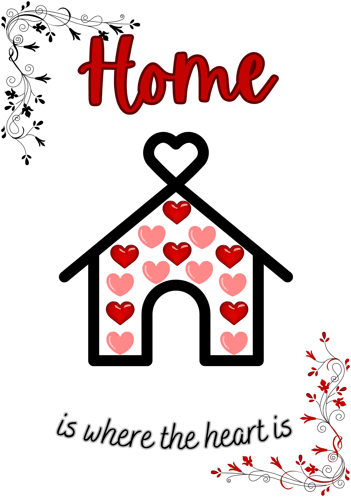 Decorative wall hanging with the quote "Home is where the heart is" featuring a house filled with red and pink hearts and ornate corner designs.
