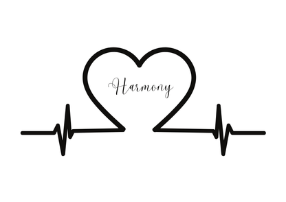 Minimalist black heartbeat line forming a heart shape with the word Harmony inside, Harmony Wall Hanging Decor design.