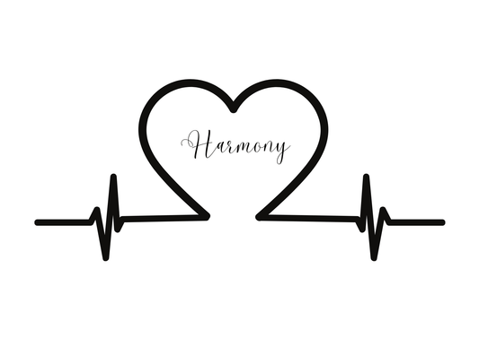 Minimalist black heartbeat line forming a heart shape with the word Harmony inside, Harmony Wall Hanging Decor design.