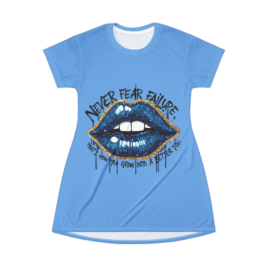 Motivational T-Shirt Dress with "Never Fear Failure" graphic in blue, highlighting a sparkling lip design. Crafted from 100% polyester for durability and quick-drying comfort. Perfect for fashion-forward women seeking empowerment and style.
