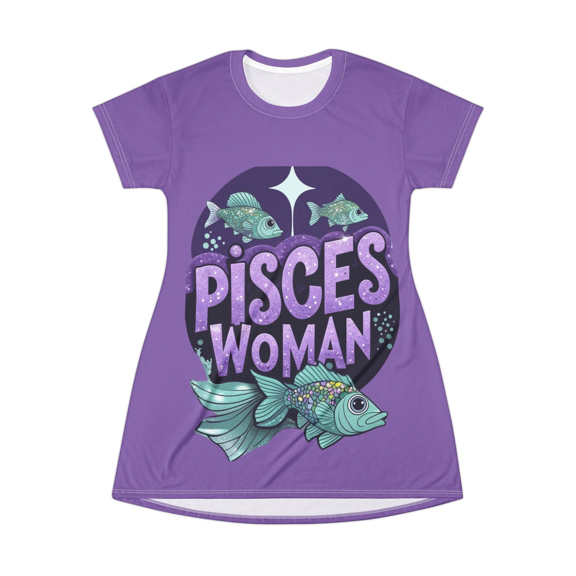Pisces Dress - Zodiac Stylish Dress, purple t-shirt style, features fish and "Pisces Woman" design for comfort and style.