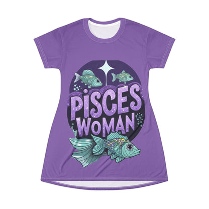 Pisces Dress - Zodiac Stylish Dress, purple t-shirt style, features fish and "Pisces Woman" design for comfort and style.