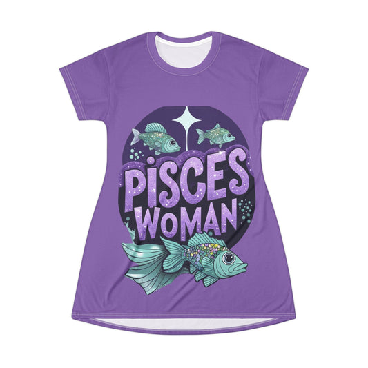 Pisces Dress - Zodiac Stylish Dress, purple t-shirt style, features fish and "Pisces Woman" design for comfort and style.