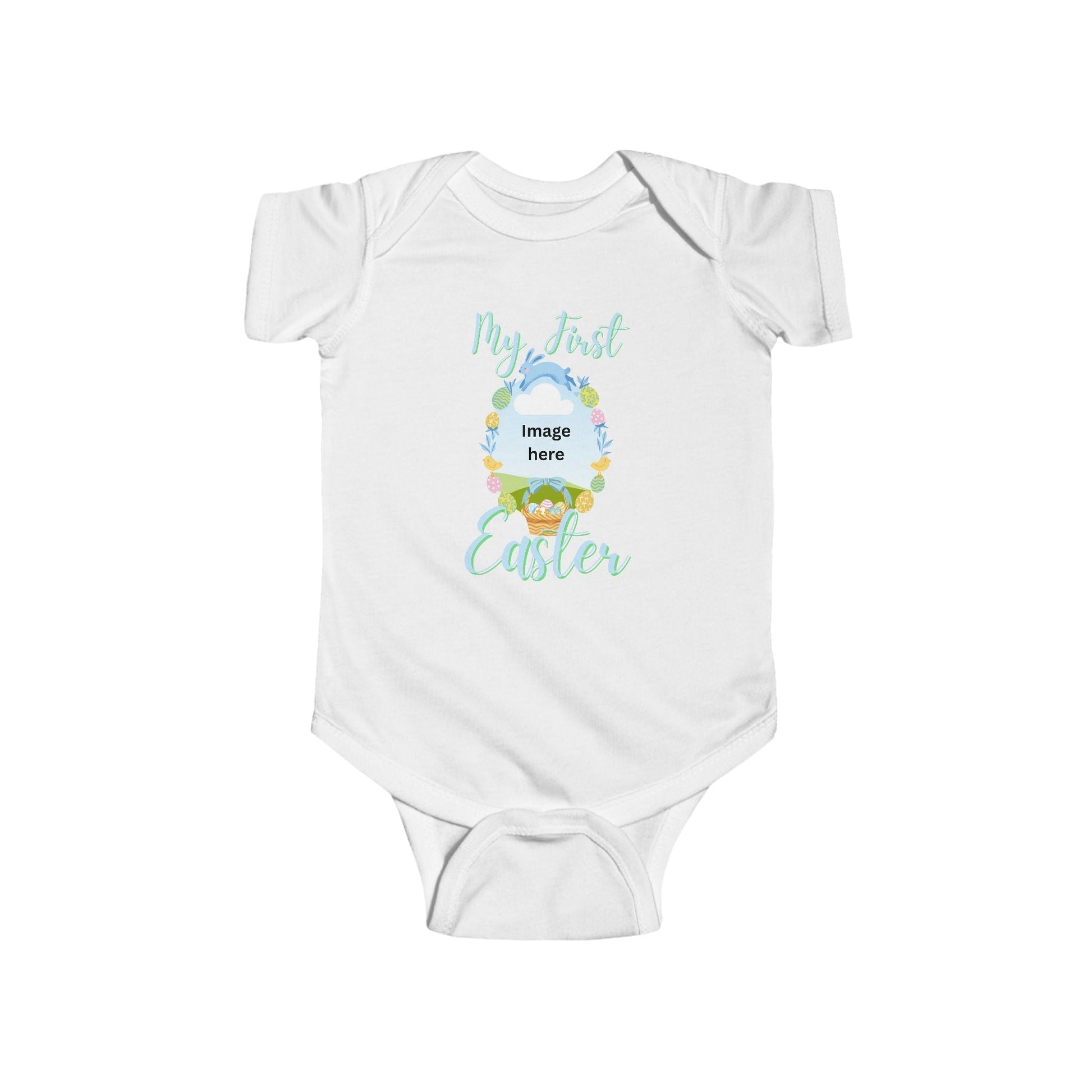 First Easter baby bodysuit in white with colorful design, perfect for newborn celebrations.