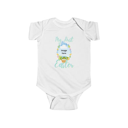 First Easter baby bodysuit in white with colorful design, perfect for newborn celebrations.
