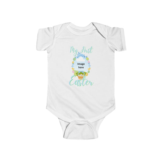 First Easter baby bodysuit in white with colorful design, perfect for newborn celebrations.