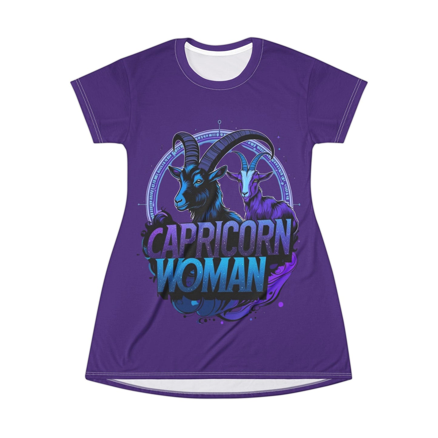 Capricorn Zodiac T-Shirt Dress in purple with Capricorn woman graphic print.