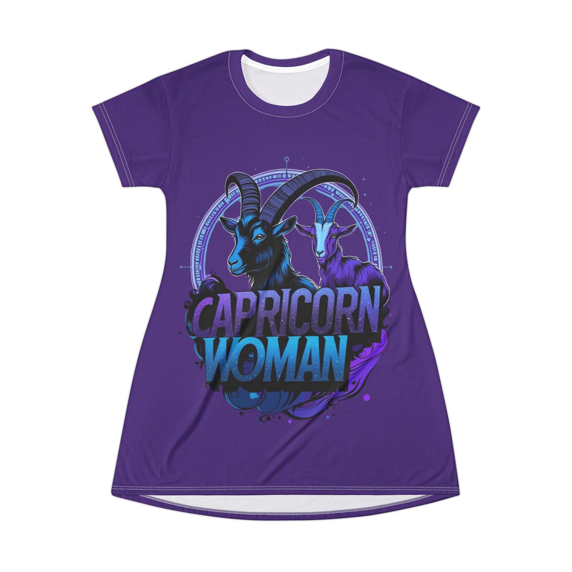Capricorn Zodiac T-Shirt Dress in purple with Capricorn woman graphic print.
