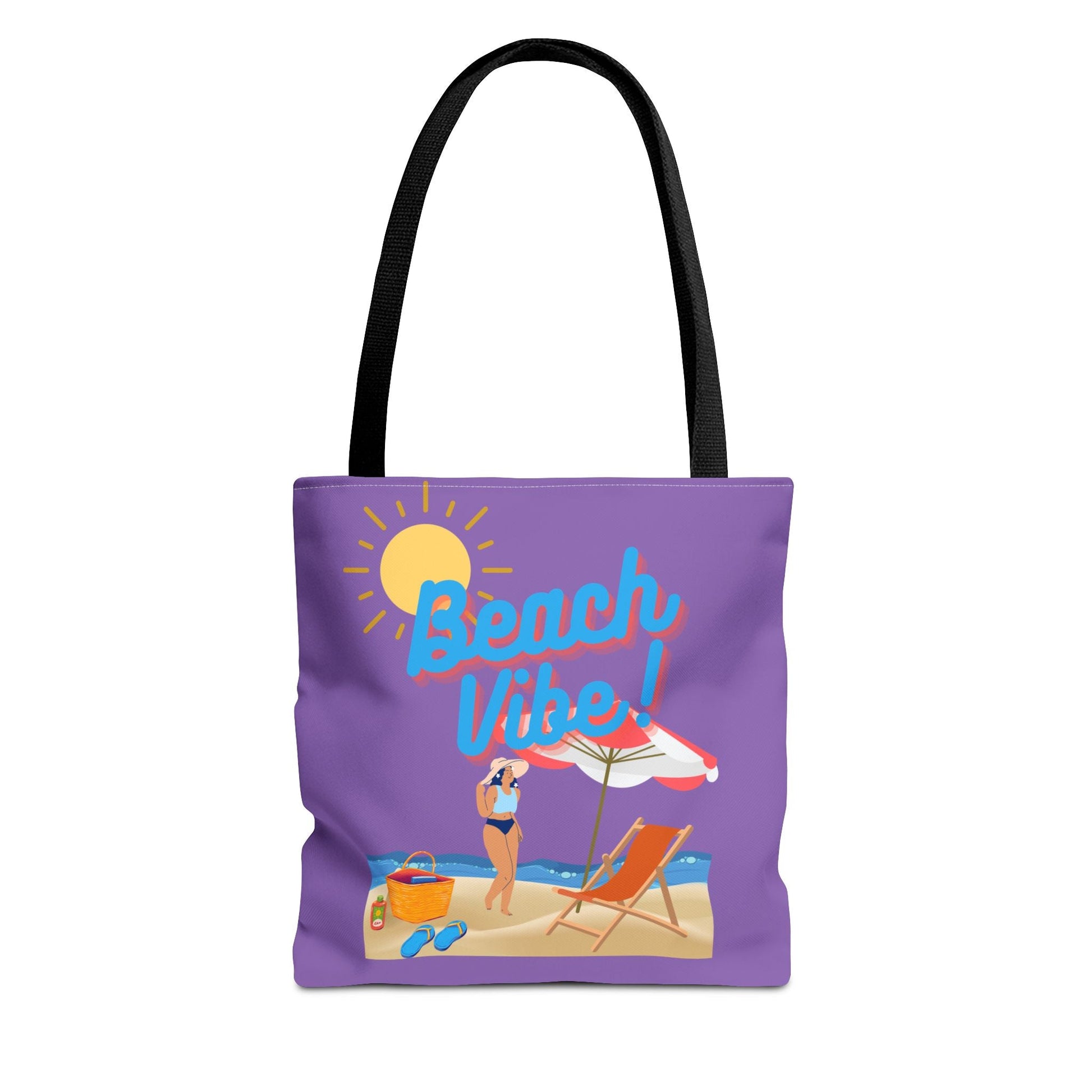 Beach Vibe Tote Bag purple beach design with sun, woman, umbrella, and chair for summer essentials