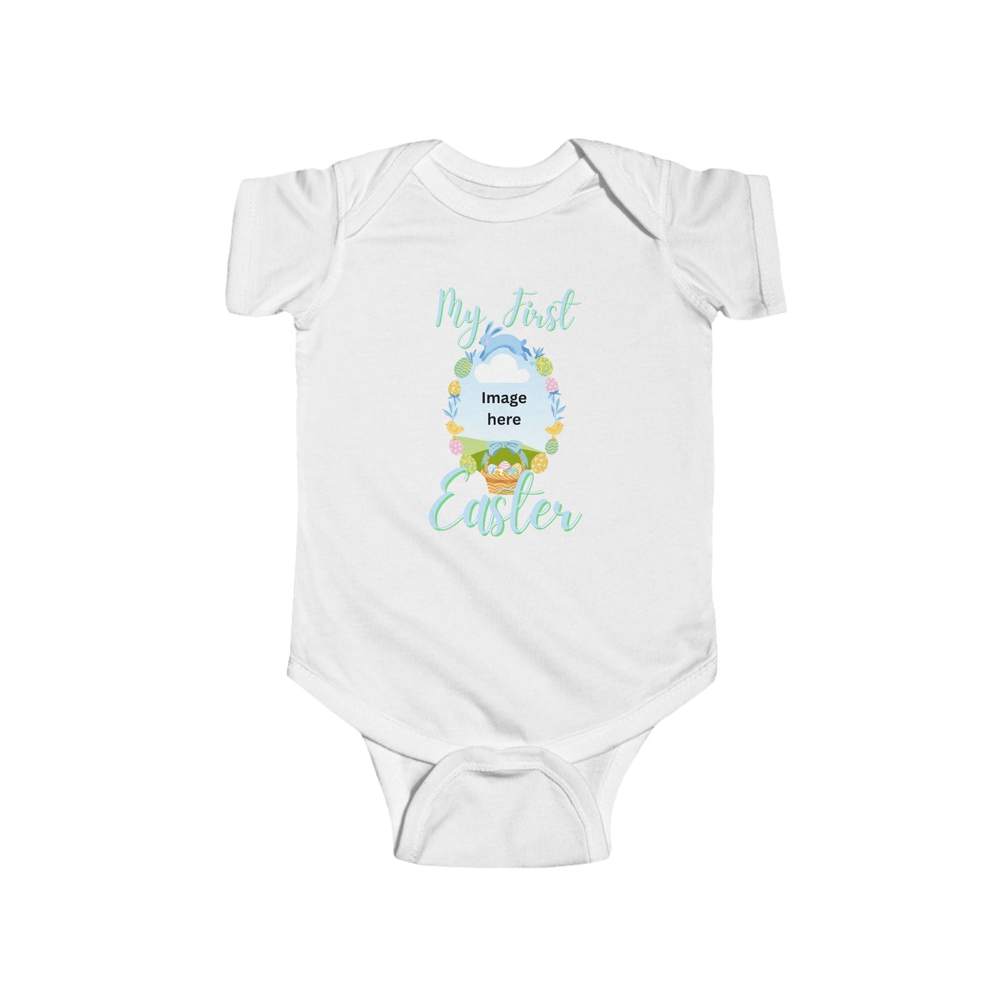 white infant bodysuit with pastel "My First Easter" text and Easter-themed design for newborn celebrations