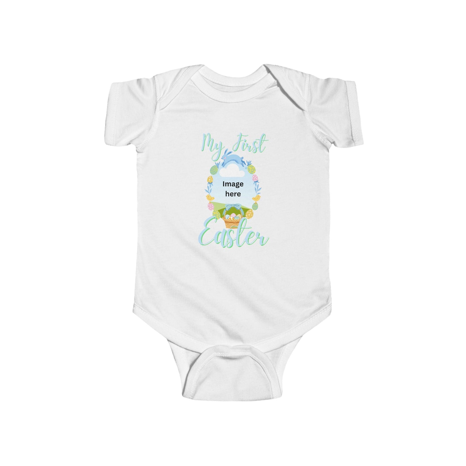 white infant bodysuit with pastel "My First Easter" text and Easter-themed design for newborn celebrations