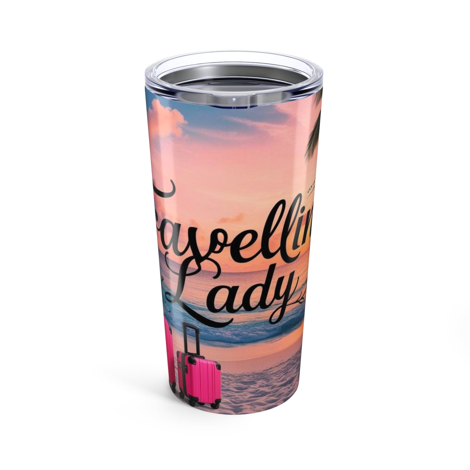 Traveling Lady 20oz Tumbler with Sunset Beach Design - Perfect for Travel and Gifting.