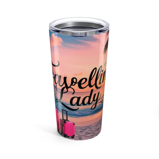 Traveling Lady 20oz Tumbler with Sunset Beach Design - Perfect for Travel and Gifting.