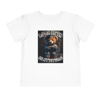 Toddler "Born With An Attitude" T-shirt, playful design, 100% cotton, casual wear.