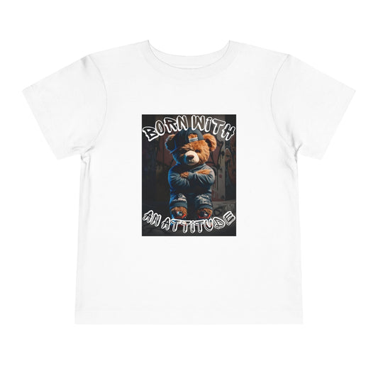 Toddler "Born With An Attitude" T-shirt, playful design, 100% cotton, casual wear.