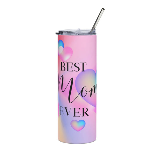 Personalized stainless steel tumbler with "Best Mom Ever" design, pink with hearts, includes lid and straw, 20oz.