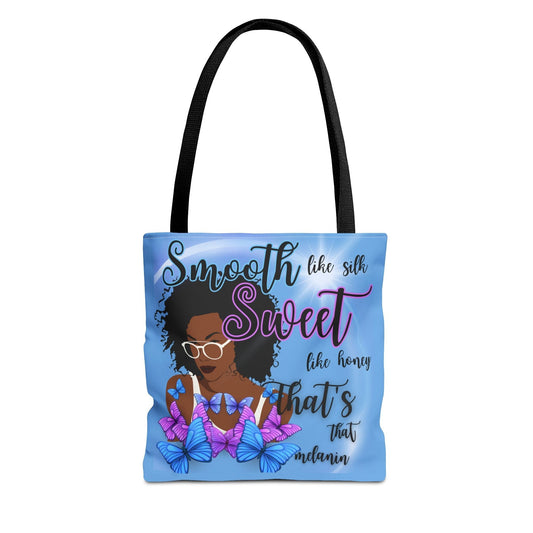Melanin tote bag with vibrant design, featuring smooth text, sweet imagery, and beautiful calm colors.