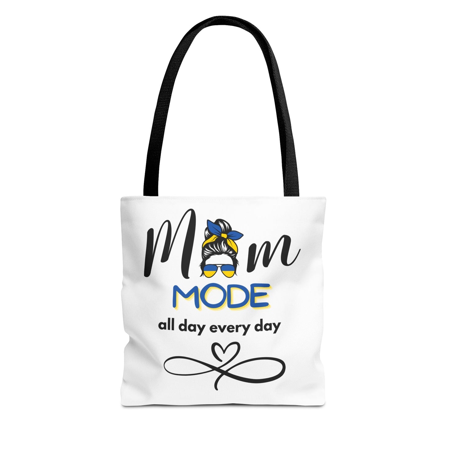 White Mom Mode tote bag with black handles and colorful graphic design for moms all day every day
