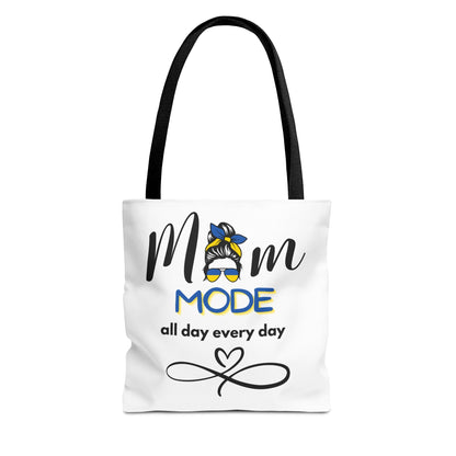 White Mom Mode tote bag with black handles and colorful graphic design for moms all day every day