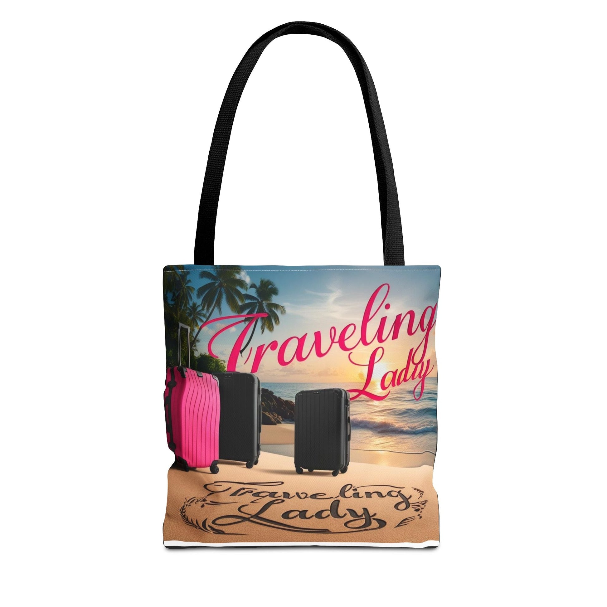 Traveling Lady Tote Bag with beach sunset design and luggage illustration, stylish vacation accessory