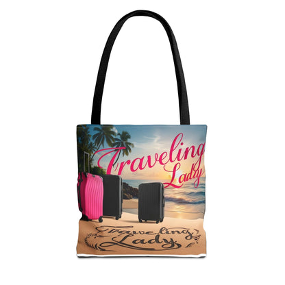 Traveling Lady Tote Bag with beach sunset design and luggage illustration, stylish vacation accessory