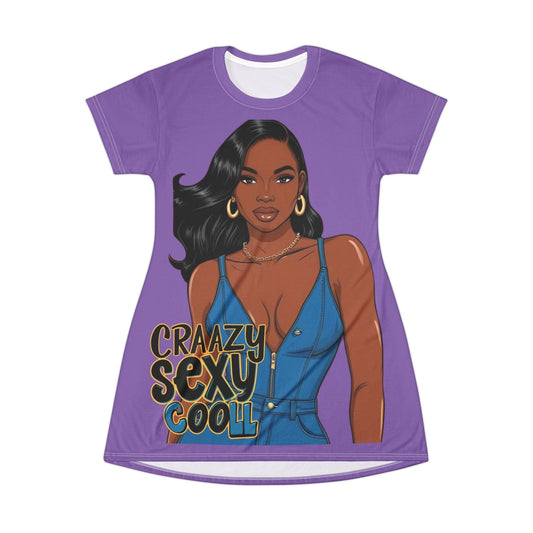 Vibrant T-Shirt dress with bold graphic design, featuring "Craazy Sexy Cool" text, ideal for trendsetters.