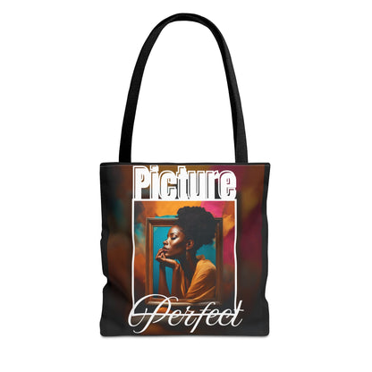 Picture Perfect Tote Bag with melanin skin design in multiple sizes, durable polyester, reinforced handles, and boxed corners.
