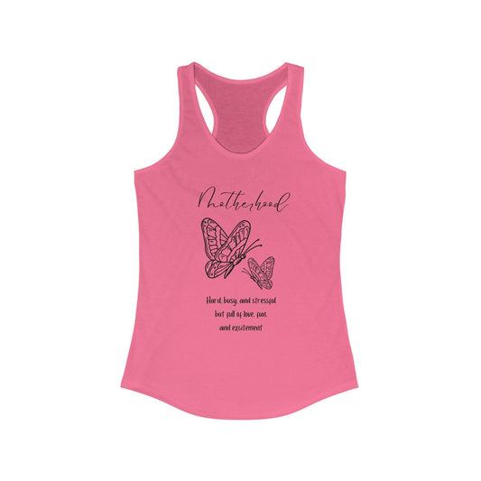 Pink racerback tank with "Motherhood" text and butterfly design, lightweight fabric, ideal for active mothers.
