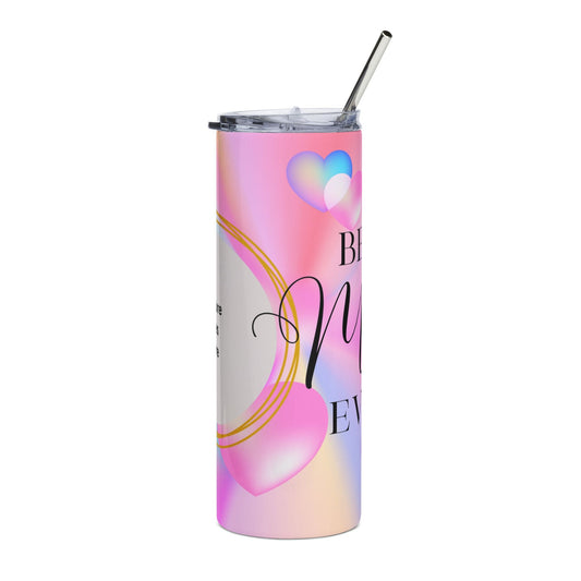 Personalized stainless steel tumbler with Love & Memories Best Mom Ever design, 20oz with lid and straw